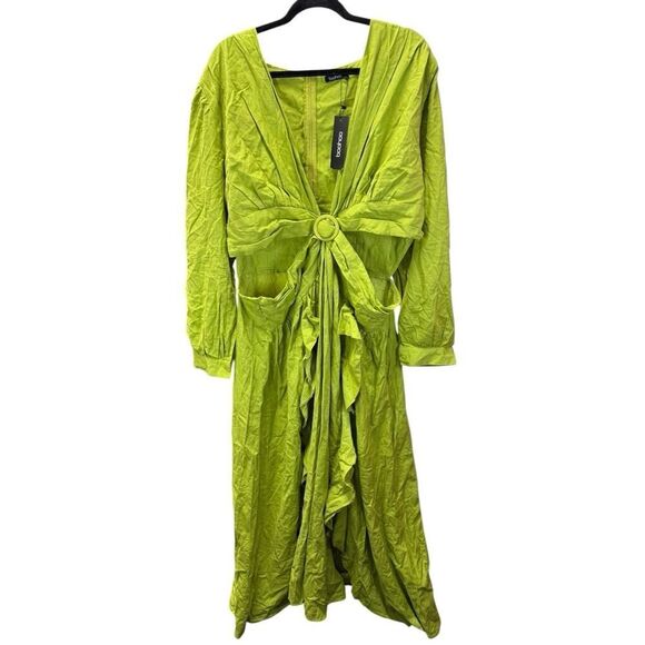Plus Size Linen Look Olive Cut Out Ruffle Maxi Dress US 20 Long Sleeve Boho - Picture 6 of 16